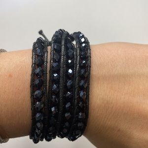 Black Leather and Crystal Wrap Bracelet